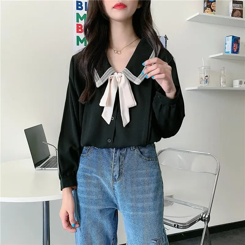 Shirts Women Tender Baggy Peter Pan Collar Daily Bow Sweet Girls Chiffon Leisure Popular Korean Version Long Sleeve Classic Ins