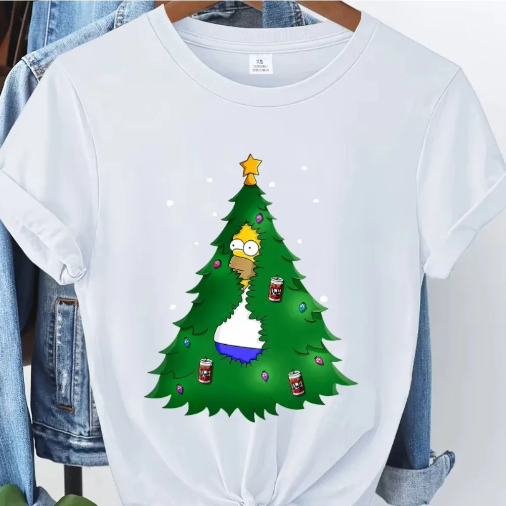 

Disney "The Simpsons" Christmas Tree Homer Print Women's Round-neck Pure Cotton T-shirt Men Women Breathable Soft Cotton
