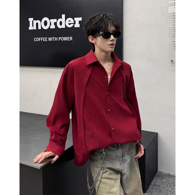 

American Decosition Splicing Design Long Sve Loose Casual Men's irt Red Base irt for Couples Spring Summer Polyeste...