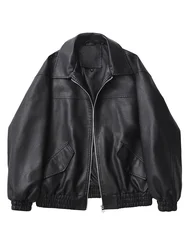 Streetwear Women Retro Loose Short Pu Leather Jacket Spring Autumn Female Zipper Coat Vintage Moto Biker Outwear