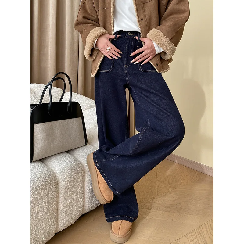 

Women Denim Jeans Solid Jean Button Pocket Zipper Fly Full Length Empire Waist Wide Leg Pants Slight Strech Casual 2025 Autumn