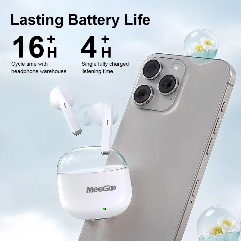 MeeGoo P210 TWS Earbuds Bluetooth 5.4 Noise Cancelling 5hr Playtime Touch Control 250mAh Charging Case 3 Colors Black White Skin