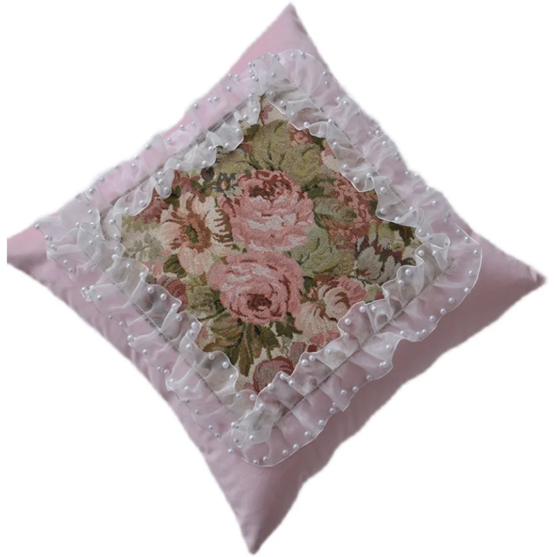 Retro Light Luxury Flower pattern Cushion Cover Pearls Pillowcase Living Room Square Frill Edge Pillow Cover