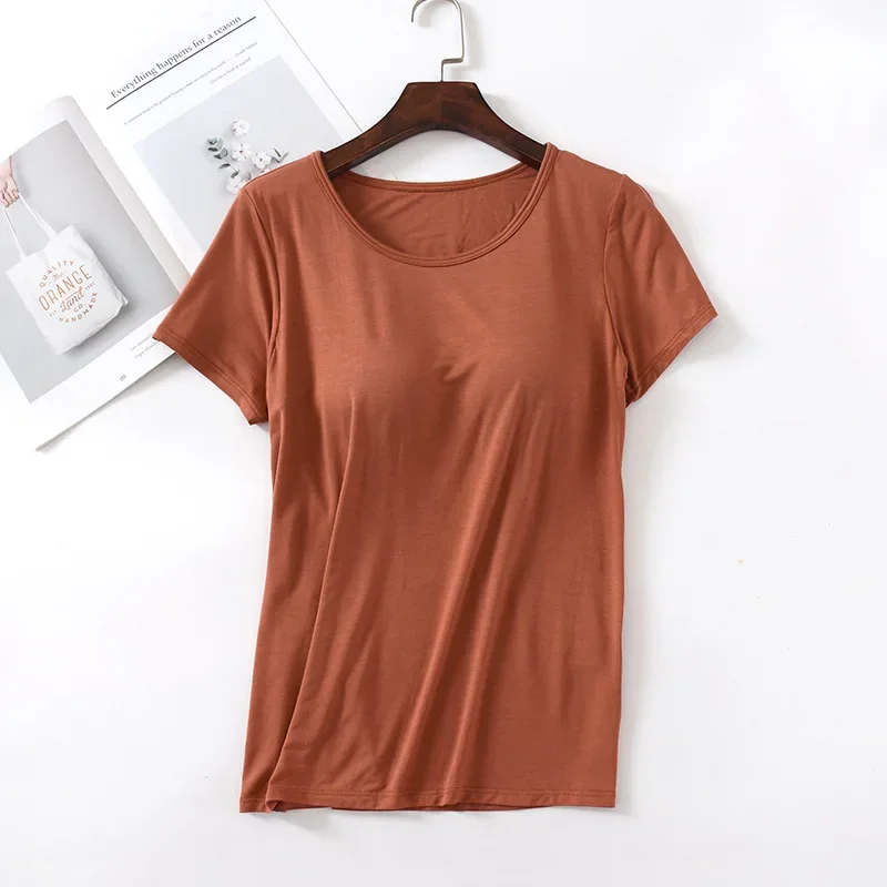 تي شيرت نسائي مشروط مدمج في حمالة صدر مبطنة تي شيرت نسائي كاجوال بأكمام قصيرة يسمح بالتهوية