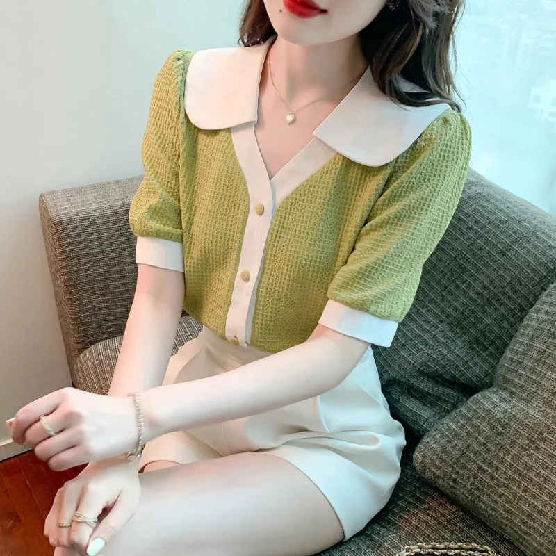 Fashion Contrast Button Shirt Tops Summer New Short Sleeve All-match Youth Solid Sweet T Shirts Elegant Korean Women Clothing