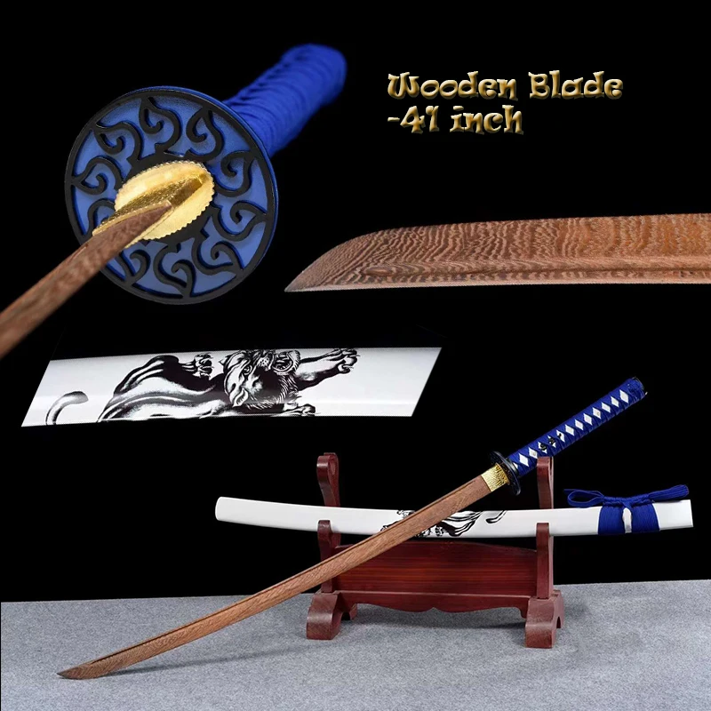 High Quality Handed Wooden Sword, Log Wood Blade, Japanese Katana, Iaido Training Sword,Stage Props,Fantastic Tsuba Black Blue