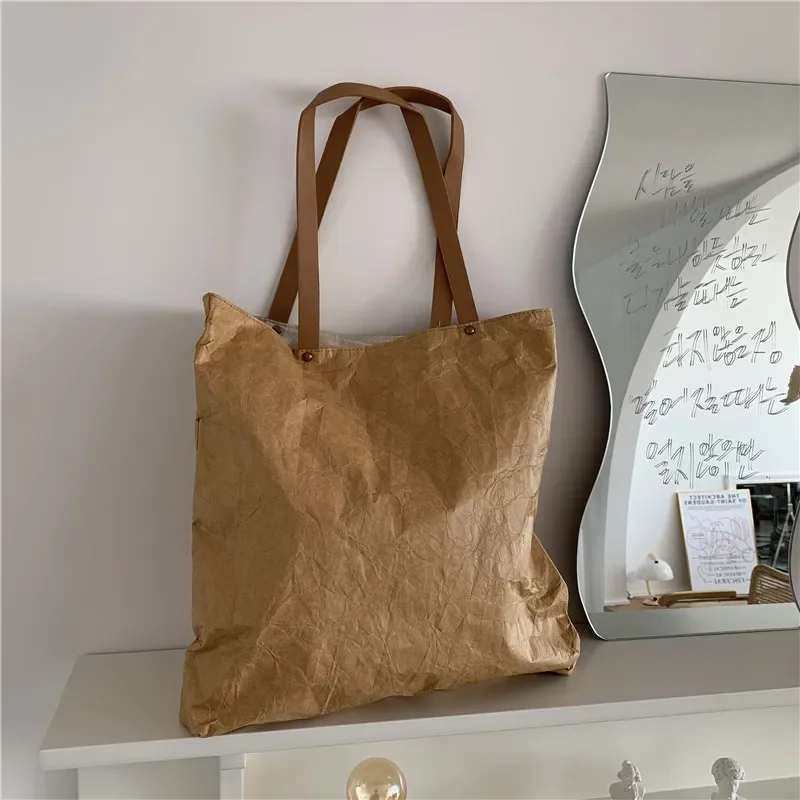 Women Shoulder Bag New 2023 Fashionable Washed Kraft Paper Large Bag Solid Color Shopping Bag Carrying Large Capacity Women Bag