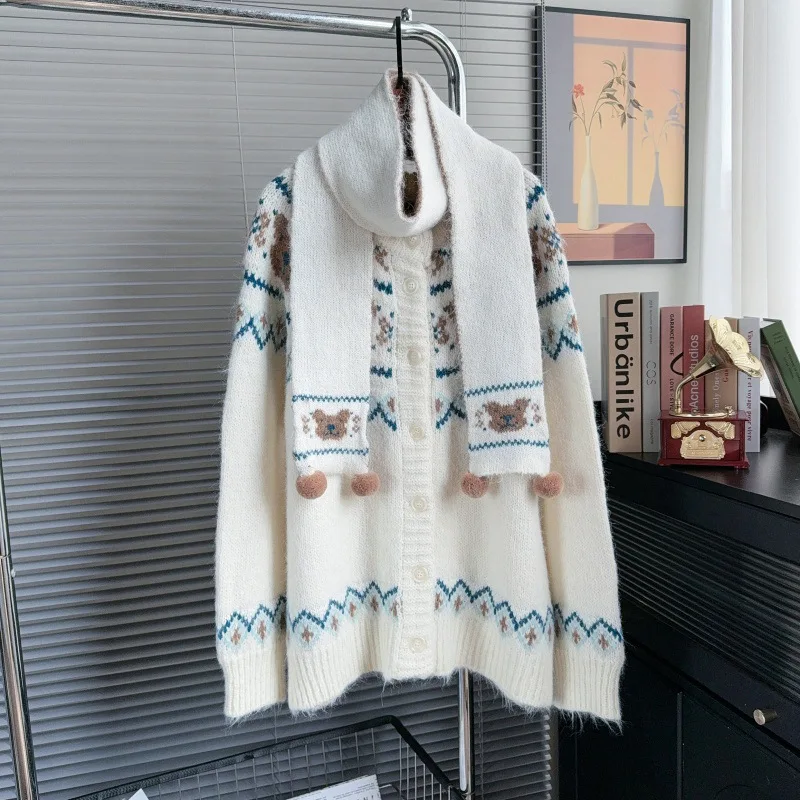 

SuperAen ретро жаккардовый свитер, женский осенне-зимний свободный мягкий вязаный кардиган, топ