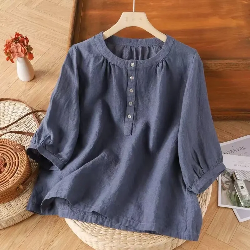 Summer New Literary Retro Solid Color Cotton Linen Half-sleeved Top Loose and Versatile Ethnic Style Round Neck Shirt
