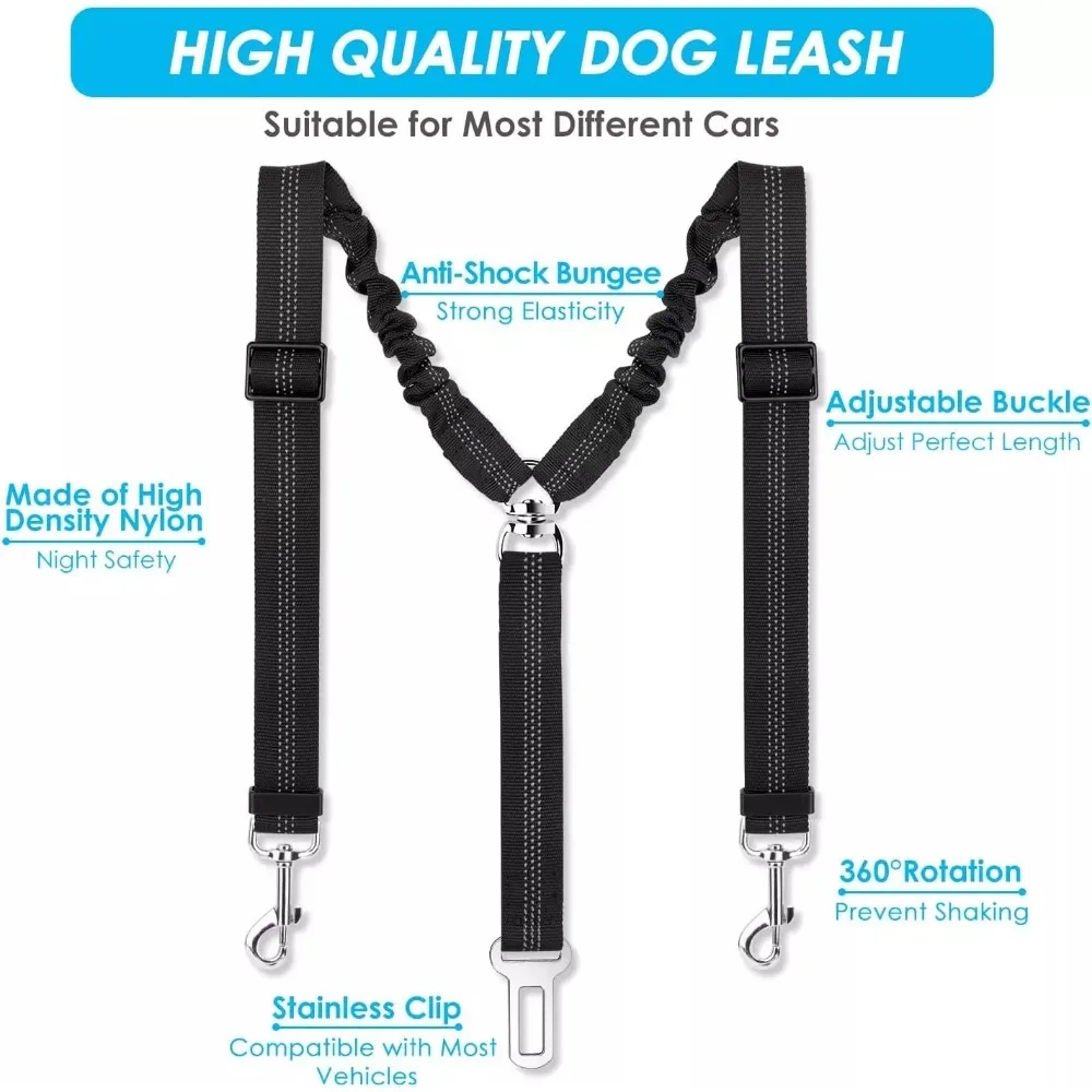 Double Dog Seatbelt Adjustable Vehicle Safety Leash with Elastic Protect Shock Reflective Dog Car Restraint for Pet Safety Belt