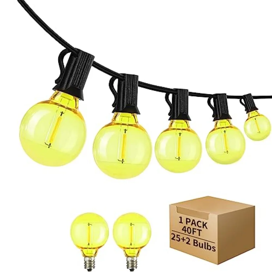 

40 Feet LED Outdoor String Lights with 25 Sockets, Plug-in Patio String Lights Featuring 27 Shatterproof Globe Bulbs