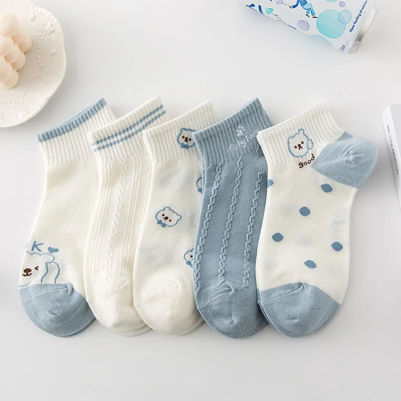 5 Pairs/lot Fashion Elegant Funny Cute Japanese Bear Girls Short Female White Low Cut Ankle Student Socks Summer Spring Women