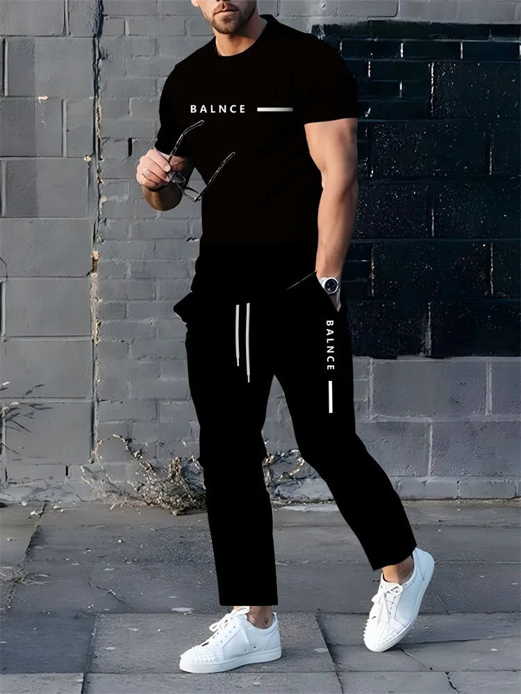 

Summer Casual Sportswear Short-sleeved T-shirt Long Sweatpants Men's Simple Printed Two-piece Men's Tops Plus Size Clothing