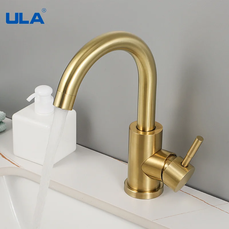 

ULA Modern Bathroom Gold Basin Faucet Stainless Steel Hot Cold Wash Mixer Crane Tap Free Rotation Sink Faucets Single Handle