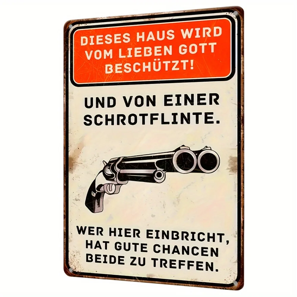 Image of Vintage deutsches Metallschild aus der Zeit, mit der Aufschrift „Dieses Haus wird von einem geliebten Gott und einer Schrotflinte bewacht“, Retro-Wandkunst.