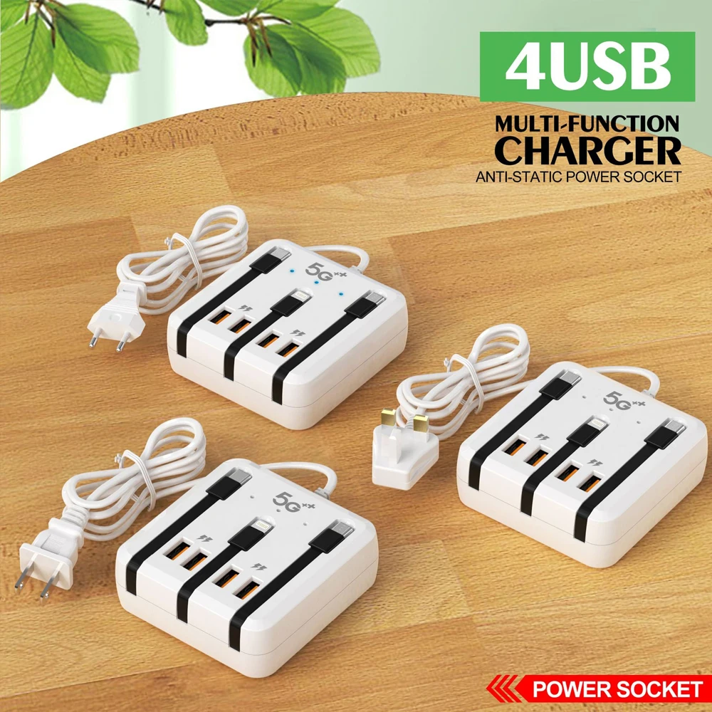 Regleta de alimentación multifunción de 120W, cargador USB tipo C, carga rápida, adaptador de cargador de escritorio de 4 puertos para iPhone, Xiaomi, Samsung y Huawei