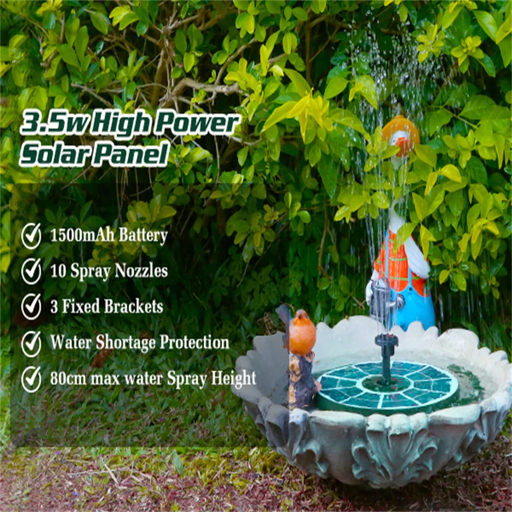 3.5W Solar Fountain with Upgraded High Power Glass Panel Work All Day Max Spray Height 80cm Stable Solar Fountain for Bird Bath
