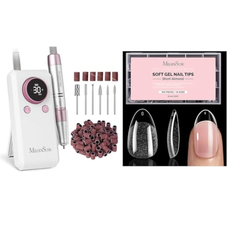 

Professional Rechargeable Nail Drill Kit with Short Almond Nail Tips in Pink for Salon Use High-Speed Precision Grinding with E