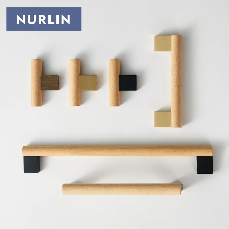 Nurlin Solid Brass Beech Wood Furniture Drawer Cabinet Door Handles Nordic American Style T-bar Kitchen Appliance Long Pull