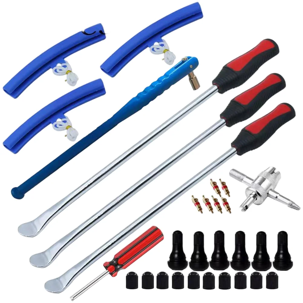 31 PCS Tire Repair Tool Set Featuring Steel Tire Irons Pry Bars Lever Bars and Valve Stem Tools for Motorcycles and Cars