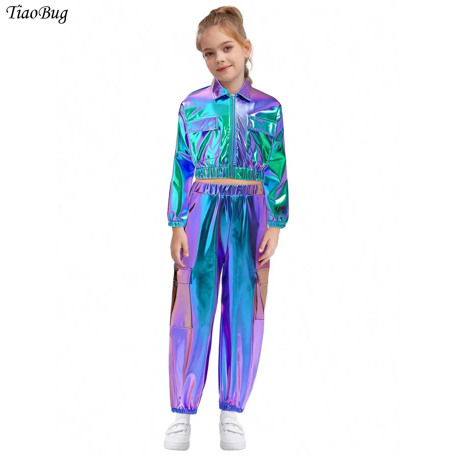 

Boys Girls Hip-Hop Jazz Dance Outfit Metallic Shiny Jacket Long Sleeve Outwear with Pants Skateboarding Street Dance Costume Set