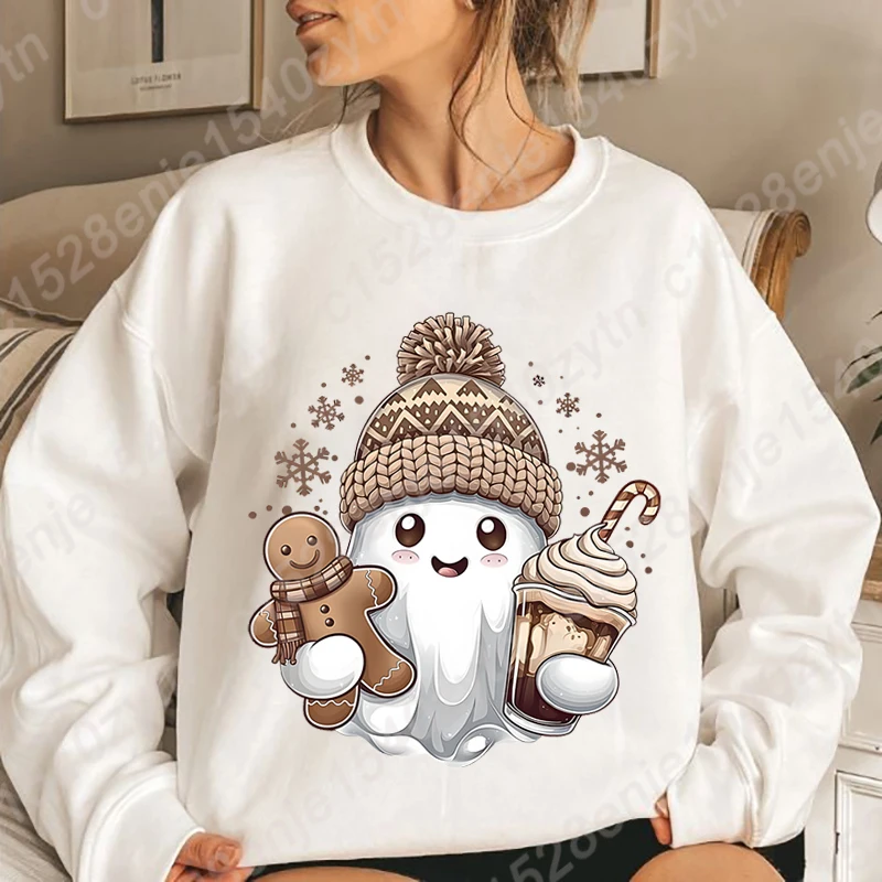 Christmas Ghost Gingerbread Coffee Pullovers Autumn Winter Creative Personalized Tops Ladies Casual Sweatshirts O Neck Pullovers