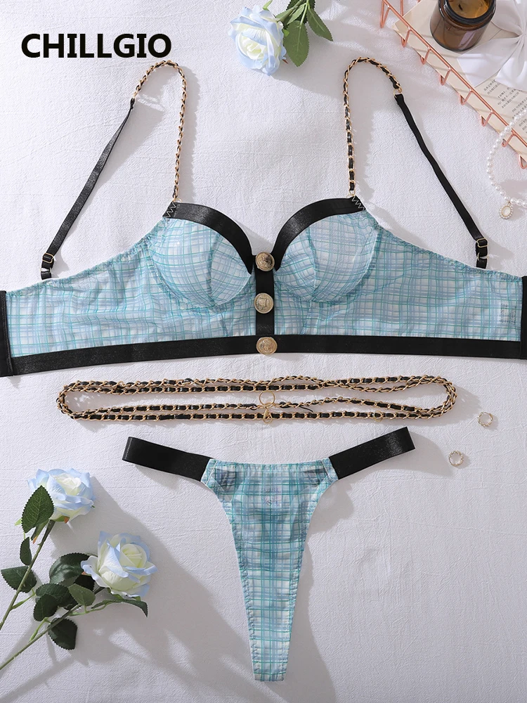 CHILLGIO Women Sexy Vintage Plaid Print Bra Brief Suits Bras Underpants Fashion Button Intimate Lingerie Chain Underwear Sets