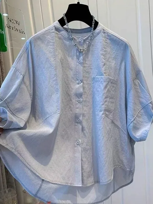 

Loose Fit Pure Color Five-Quarter Sleeve Shirt Artistic Style Slimming Effect Summer New Arrival Women's Casual Shirt