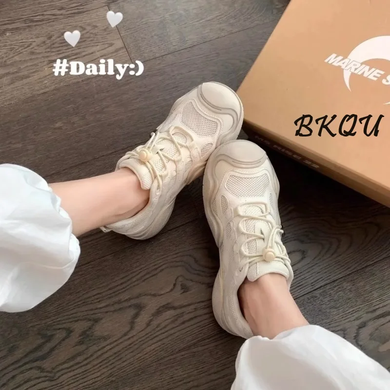 

BKQU Women's Vulcanized Shoes 2024 Summer Mesh Surface Breathable Thick Sole Ugly Cute Big Head Casual Shoes Sports Daddy Shoes