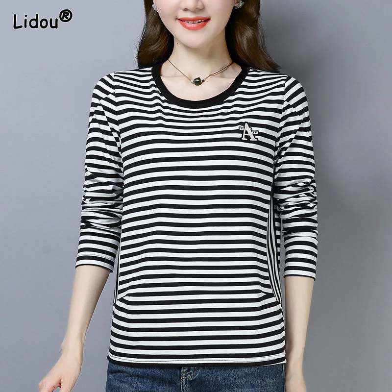 

Casual O-neck Spring Autumn T-Shirts Striped Three Quarter Korean Women's Clothing All-match Trend Popularity Comfortable Slim