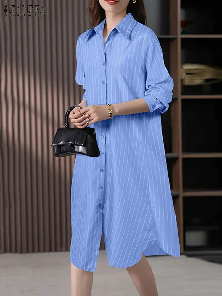 ZANZEA  Spring Kaftan Fashion Striped Shirt Dress Women Lapel Neck Full Sleeeved Midi Dresses Holiday Vestidos Work Robe Femme