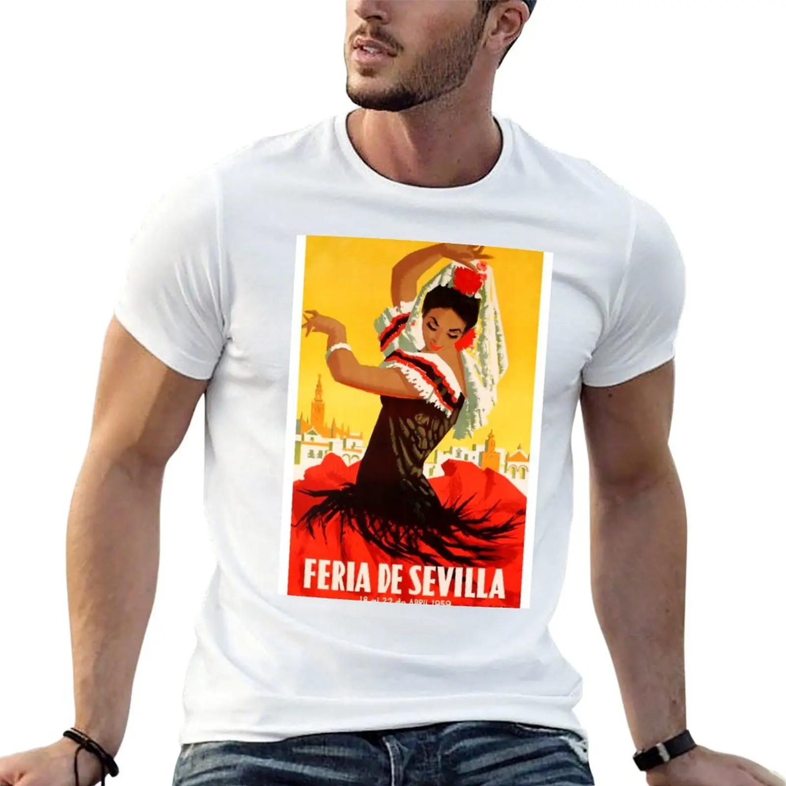 Camiseta con estampado del cartel de la Feria de Abril de Sevilla, España, 1959. Ropa de estilo hippie, ropa para el Día de San Valentín, camisetas para hombre.