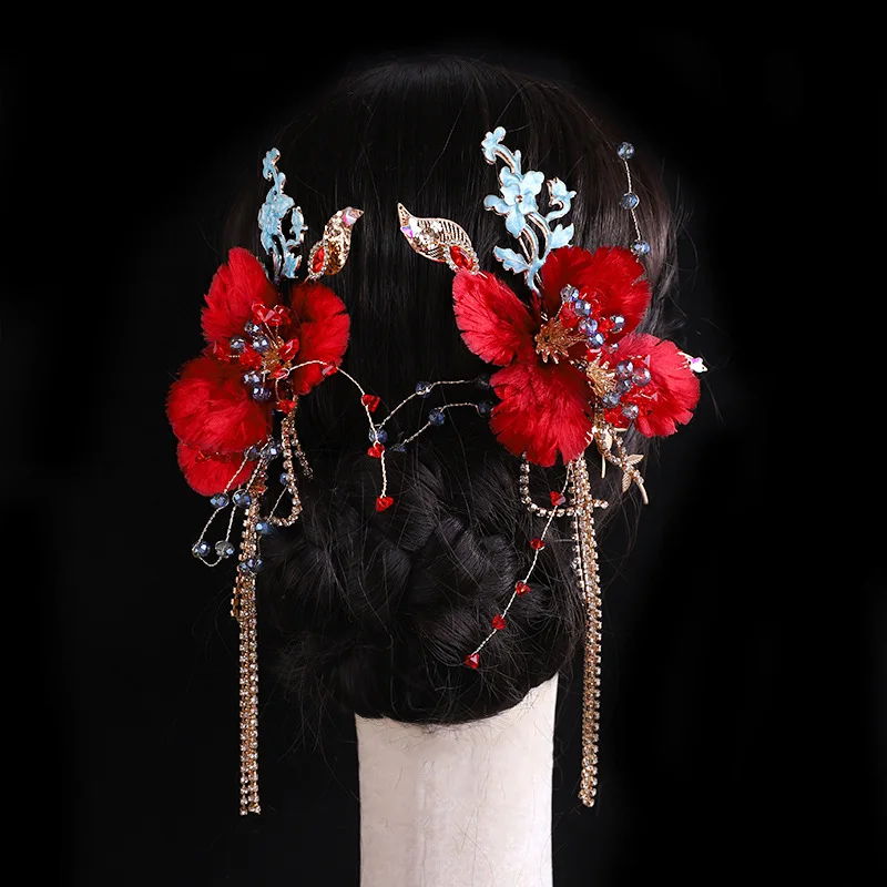 Bracelet Hand String Original Antique Velvet Flower Tassel Pair Clip Ming Wedding Headwear Burnt Blue Flower Retro Photo Hair