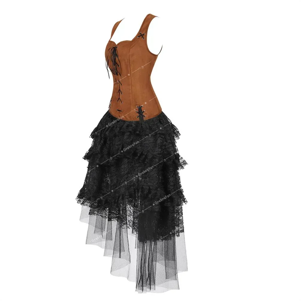 Women Steampunk Corset Skirt Pirate Bustier with Gothic Tulle Corsets Halloween Costumes Renaissance Costume Viking Outfits