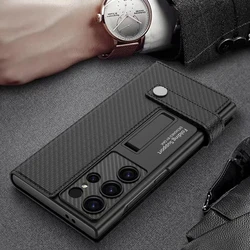 Leather Flip Card Clip Wallet Phone Case For Samsung Galaxy S25 S23 Ultra S24 Ultra Carbon Fibre Bracket Shockproof Phone Cover
