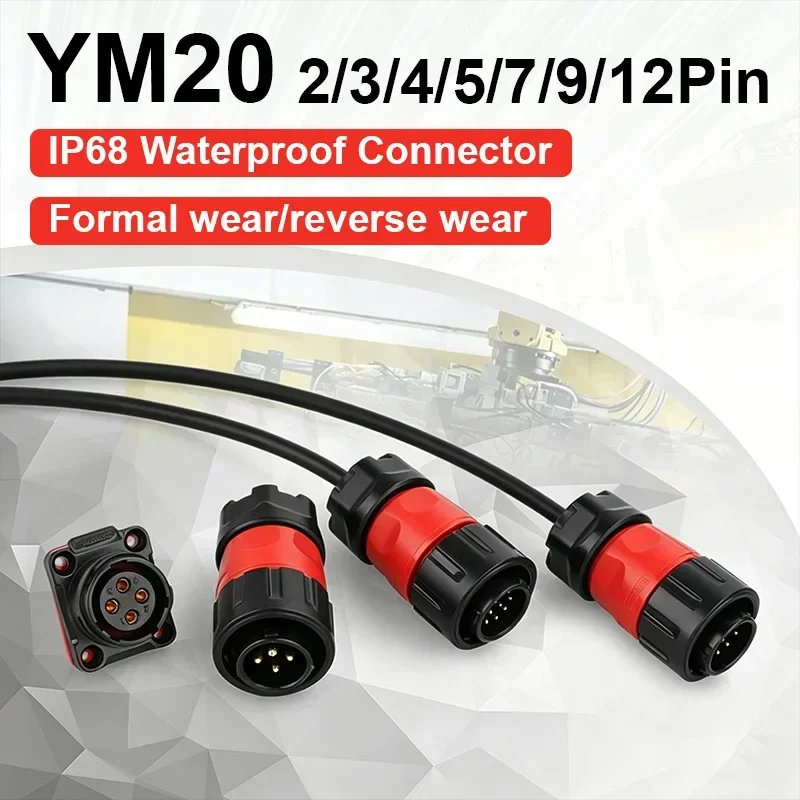 12V YM20 Industrial 2/3/4/5/7/9 Pin Connector PBT Panel Mount 5A-20A Male Female Socket Waterproof IP68 for Marine & Outdoor Use