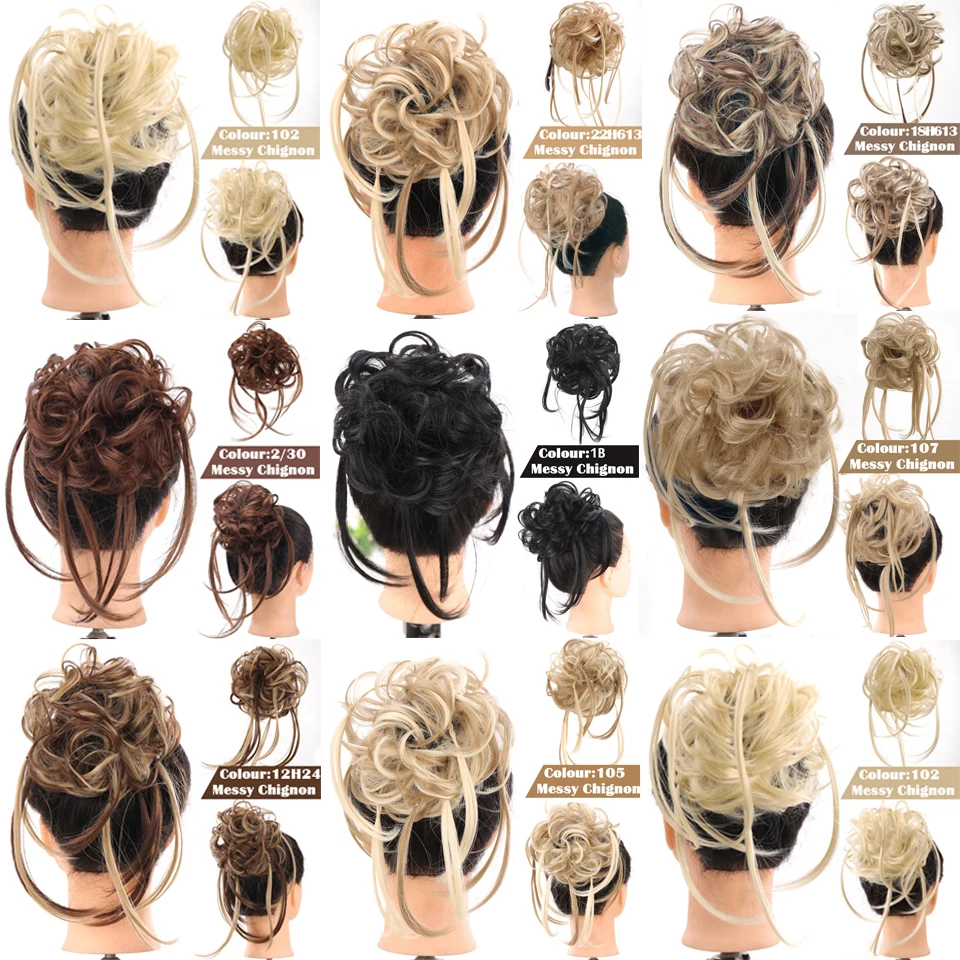 LM-Bandas sintéticas encaracoladas do cabelo para mulheres, Chignon desarrumado, crocante elástico, partes do cabelo falso, donut Updo, extensão preta e marrom do cabelo