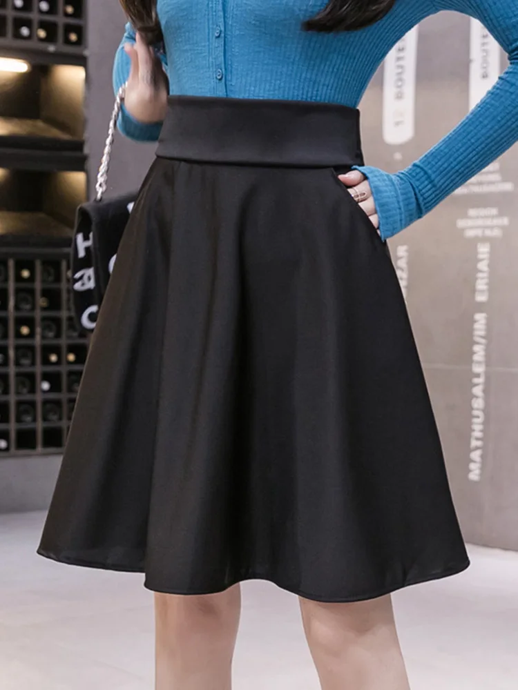 Fashion New Pockets Style Women Skirts Solid Color Knee-Length Casual Lady Summer Spring Autumn Elegant A-line Skirt Red Black