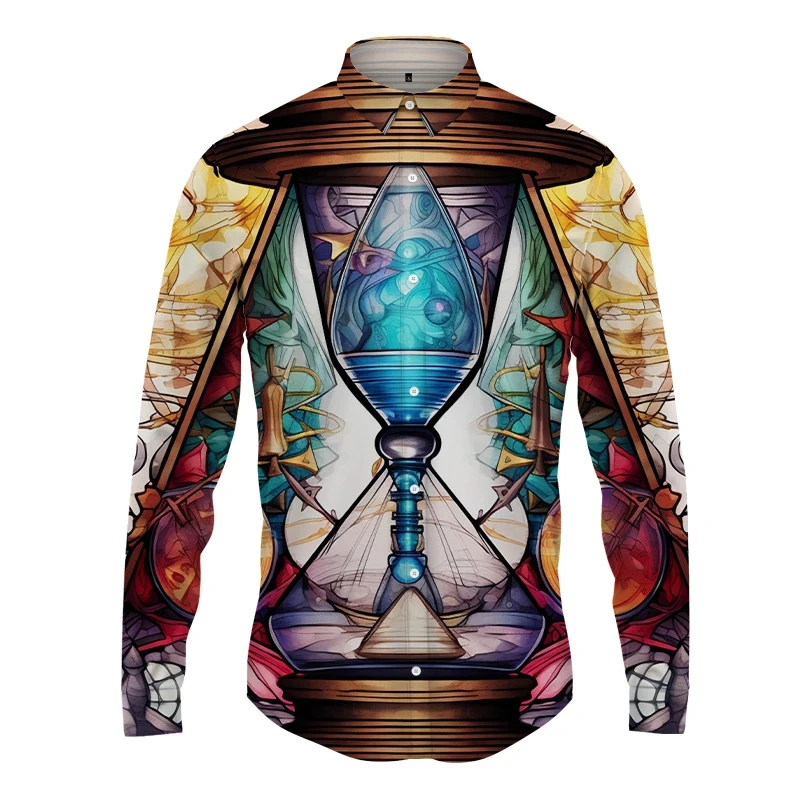 Camisa com padrão ampulheta masculina, manga longa, tops estampados em cores 3D, casual abstrato, luxo, novo