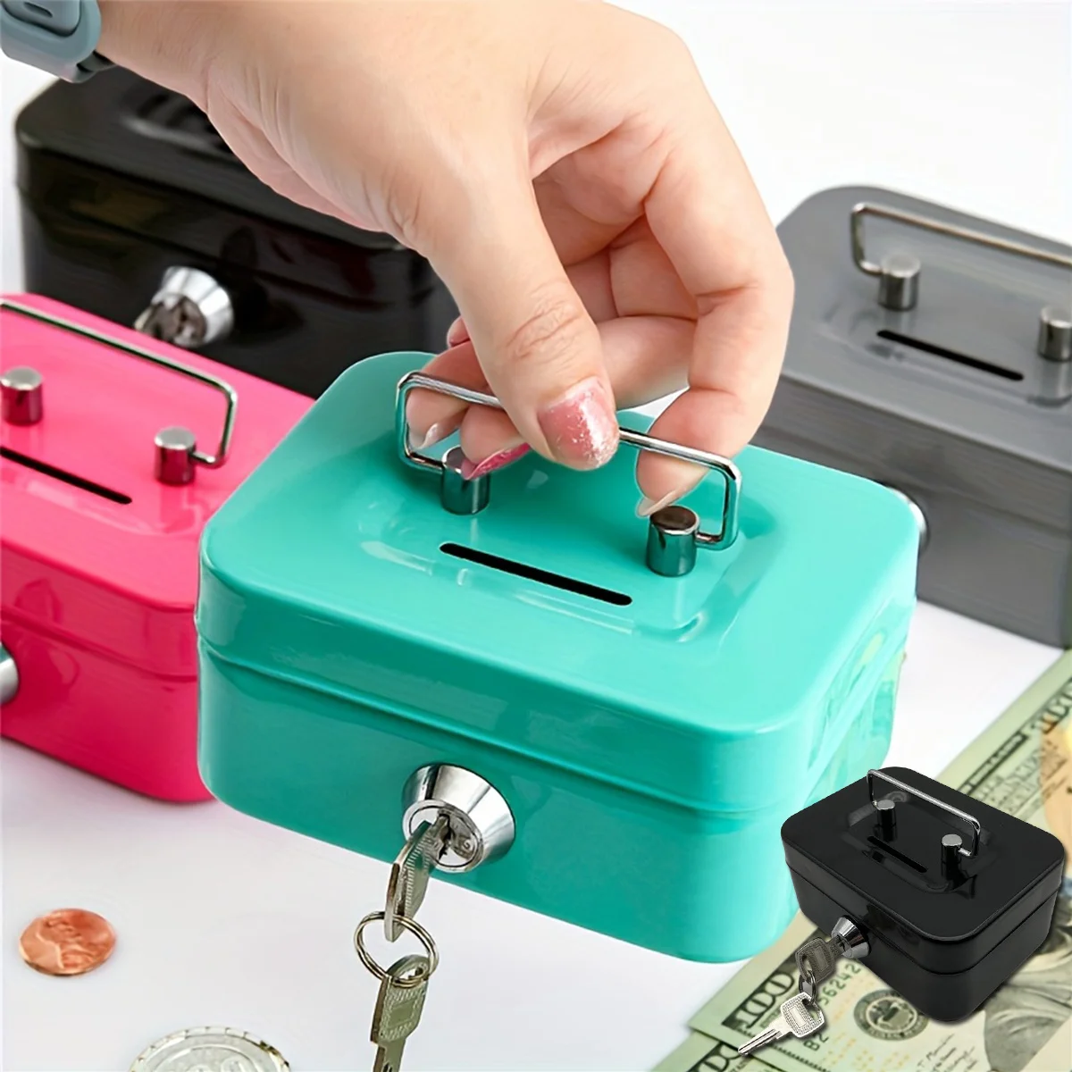 Steel Cash Box with Key Lock, Metal Small Money Organizer with Money Tray, Cash Storage Box with Lockable Cover