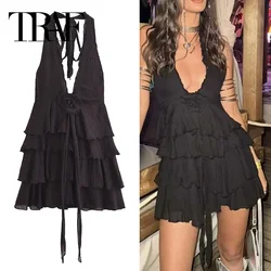 TRAF Black Halter Mini Dress Woman Flower Ruffle Short Backless Dress Women Summer Off Shoulder Sleeveless Sexy Party Dresses