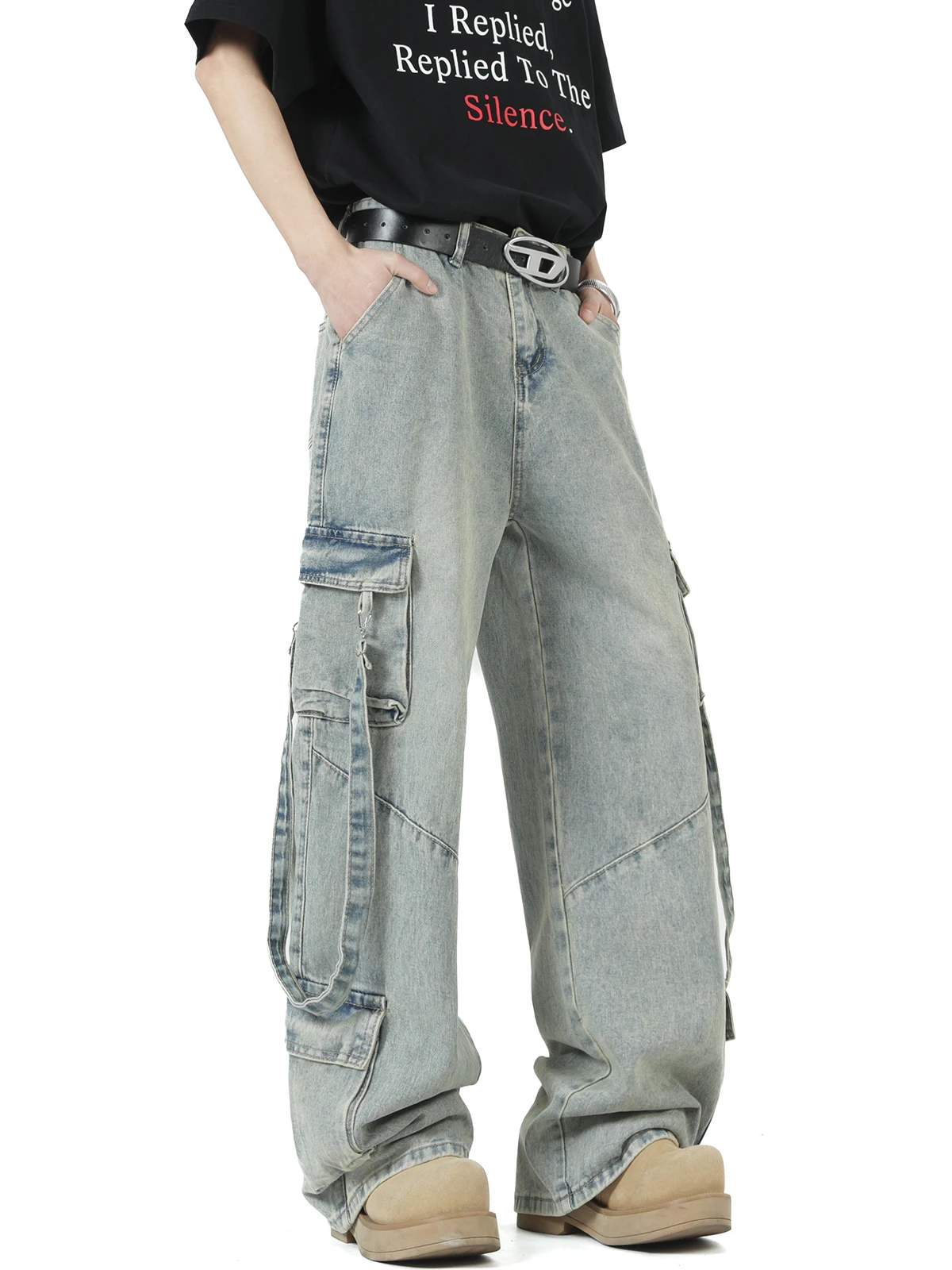 Summer Men's Workwear Jeans Straight Leg Wide Leg Pants Waed Design Street Sle Retro Loose Fit Trousers