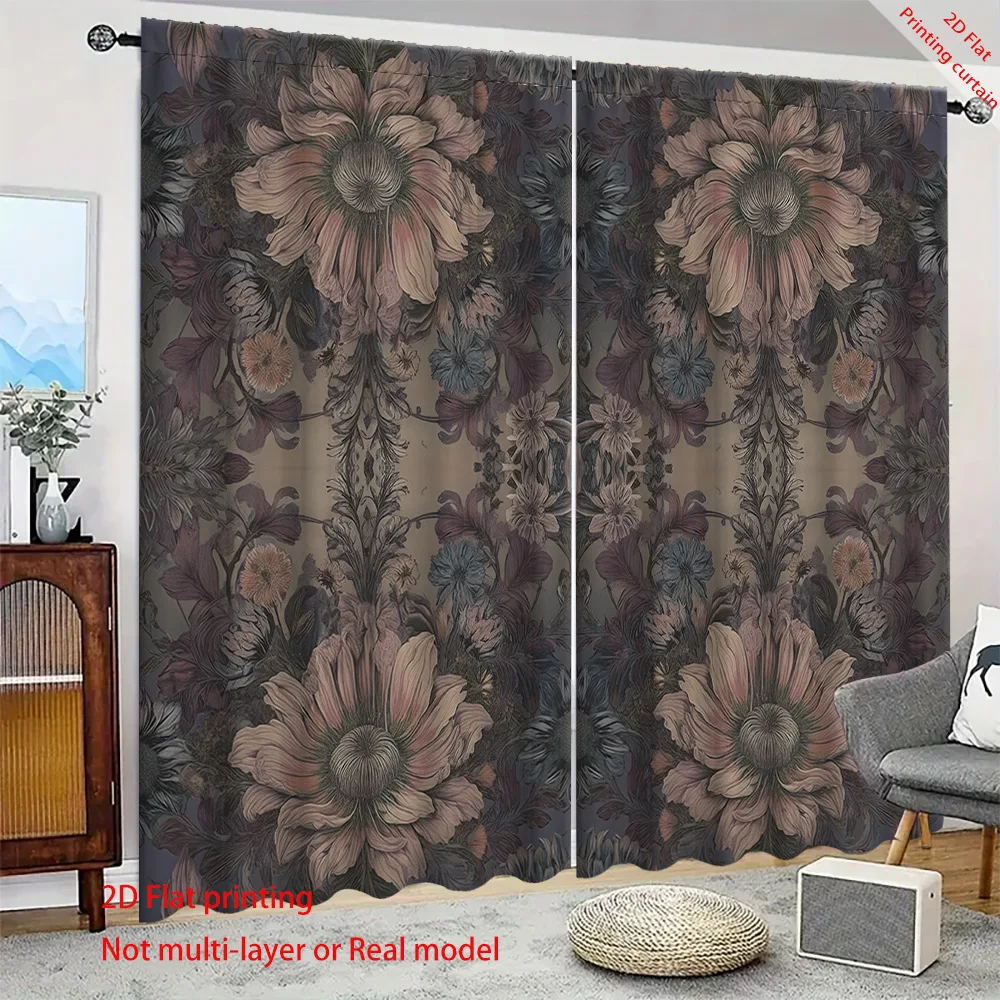 Retro symmetrical floral printed curtains, home decoration sunshades, used for dormitories, offices, bedrooms, living rooms