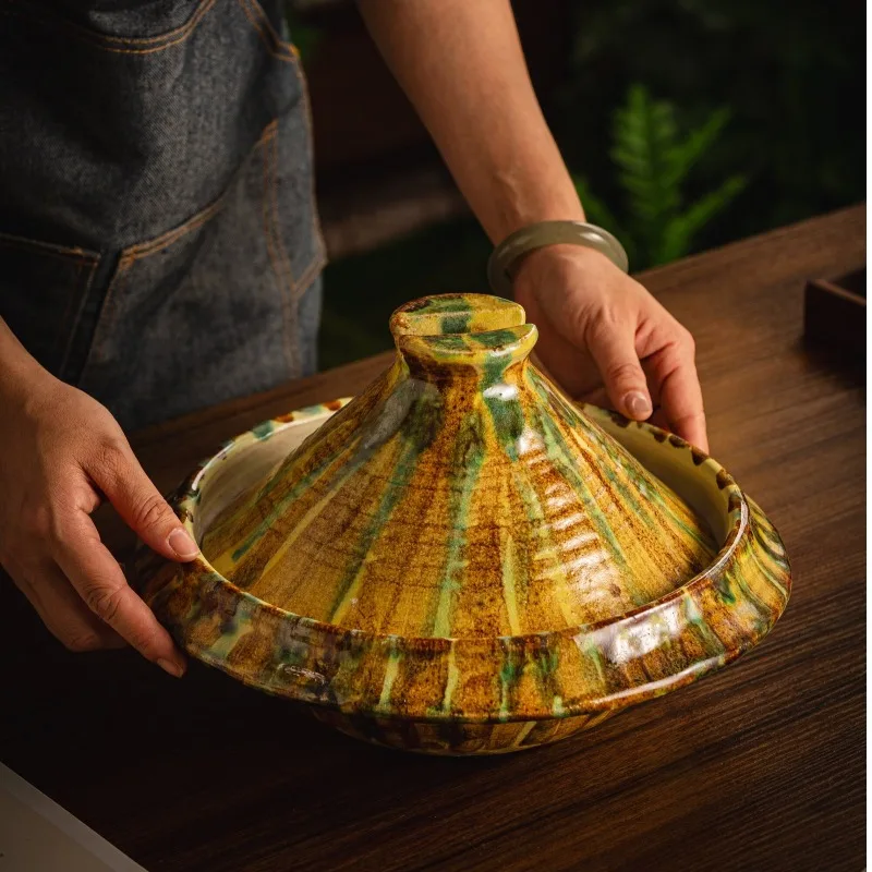 Retro green glaze kiln-changed flowing color Taji pot, high temperature resistant coarse pottery stew pot for simmering