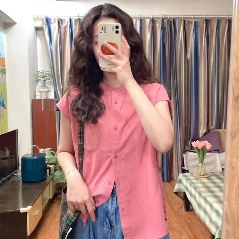 

Korean Fashion Sweet Short Sleeved Shirt Women 2025 New Summer Design Sense Sleeveless Loose Vest Small Tops Female