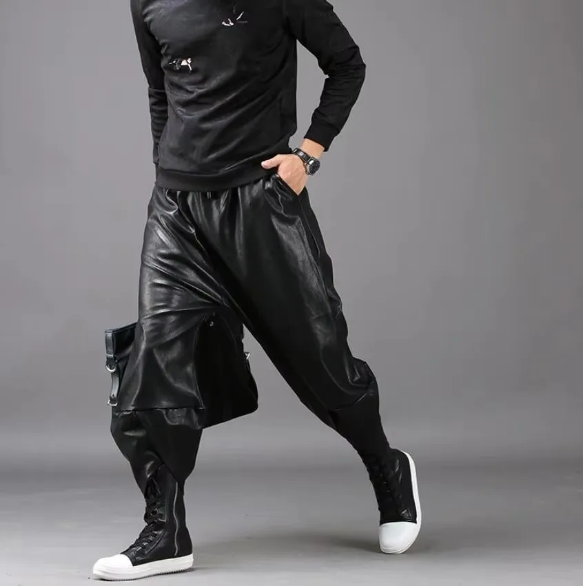 

S-6XL NEW 2025 Men's Clothing GD Hair Stylist Catwalk Lantern Leather Pants Hip-hop Flying Squirrel Pants Plus Size Costumes