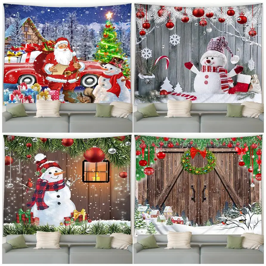 

Christmas Tapestry Funny Santa Claus Snowman Winter Vintage Wooden Board Door New Year Xmas Decor Home Living Room Wall Hanging