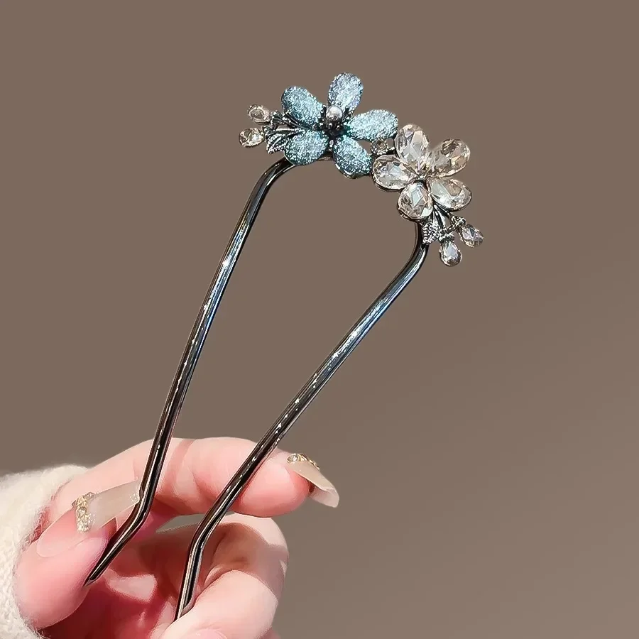 Frankreich Stil Elegante schwarze Kristall Blume Blatt U-förmige Haarnadel Damen Hinterkopf Dutt Metall Haarnadel Braut Haarschmuck