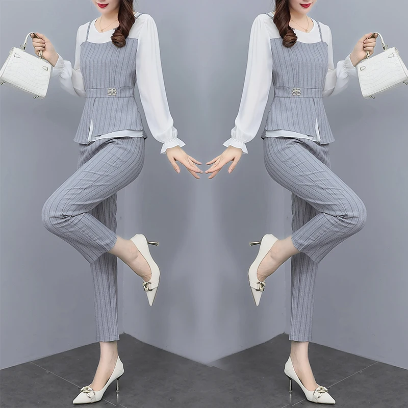 Women Oversize Patchwork Striped Slim summer Pants Sets 2024 New Fashion O-Neck Female 2 Pieces Outfits High Quality