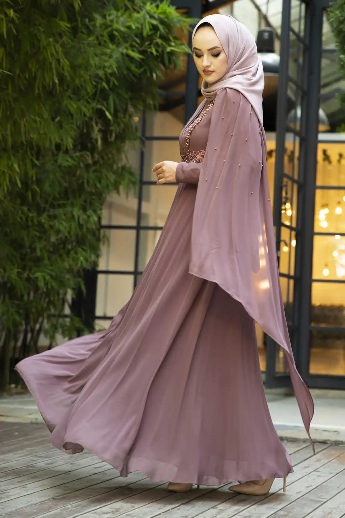 Cape Detaylı Hijab Evening Dress Dirty Pink